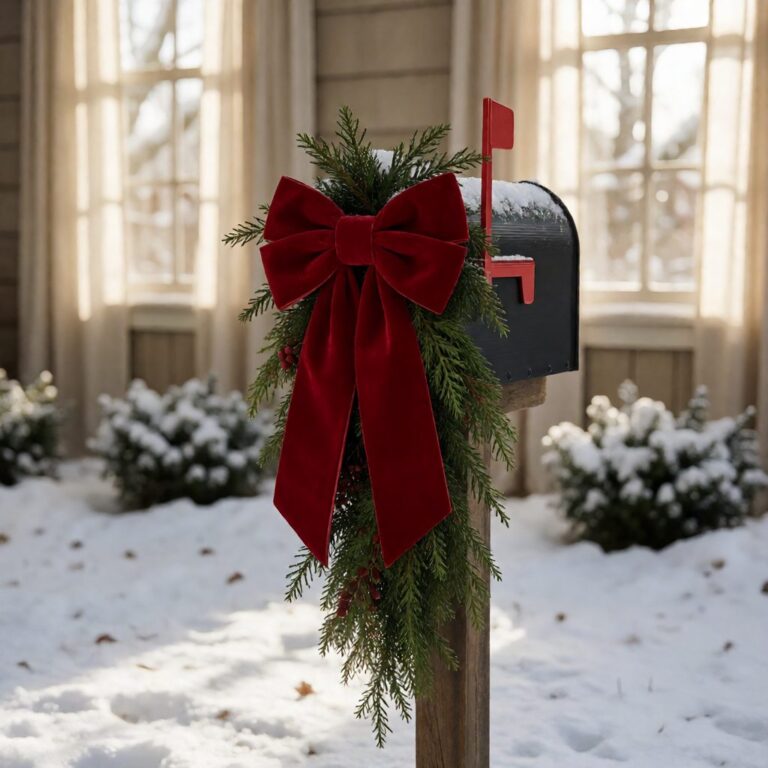 Red Velvet Bow - Red - styled on a decorated mailbox, styled lifestyle scene