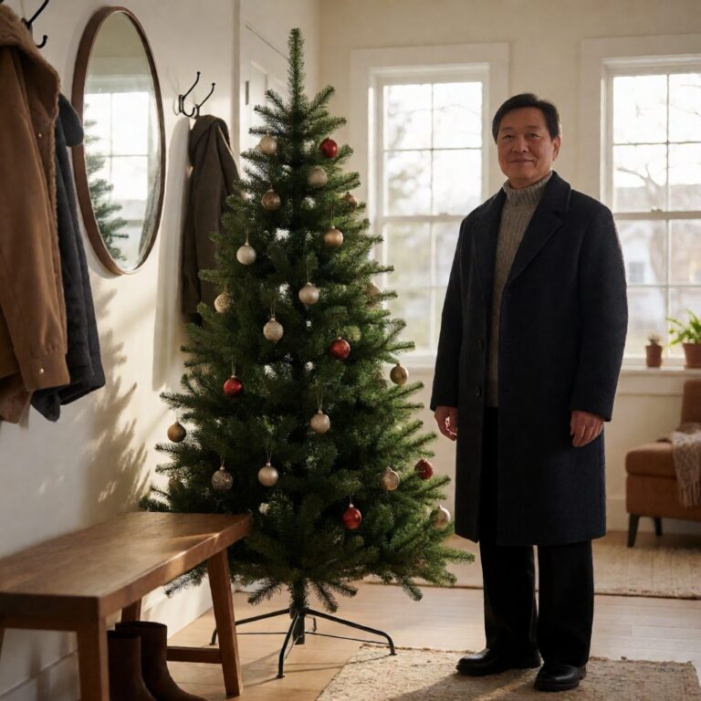 Revelstoke Fir Artificial Christmas Tree - styled in an entryway foyer with a wooden bench, styled lifestyle scene