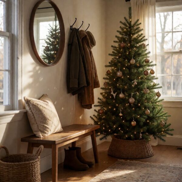 Rockefeller Pine Artificial Christmas Tree - styled in an entryway foyer with a wooden bench, styled lifestyle scene