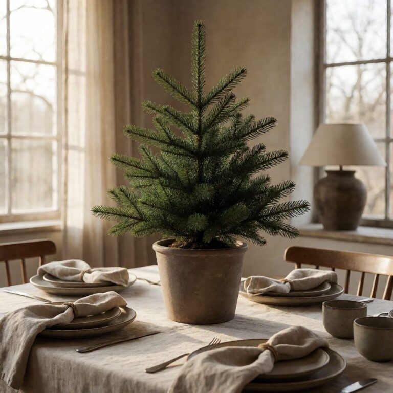 Rutherford Fir Potted Artificial Christmas Tree - styled as a dining table centerpiece, styled lifestyle scene