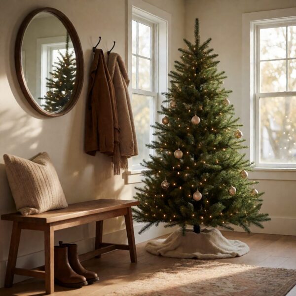 Sanibel Spruce Artificial Christmas Tree - styled in an entryway foyer with a wooden bench, styled lifestyle scene