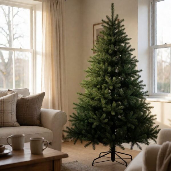 Saratoga Spruce Artificial Christmas Tree - styled next to a sofa in a bright living room, styled lifestyle scene