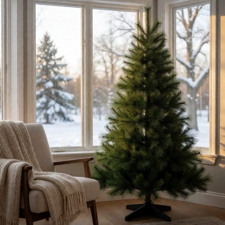 Scotch Pine Artificial Christmas Tree - styled beside a bay window with snow outside, styled lifestyle scene