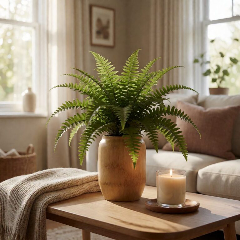 Silk Boston Fern Plant in Bamboo Vase - styled on a coffee table, styled lifestyle scene
