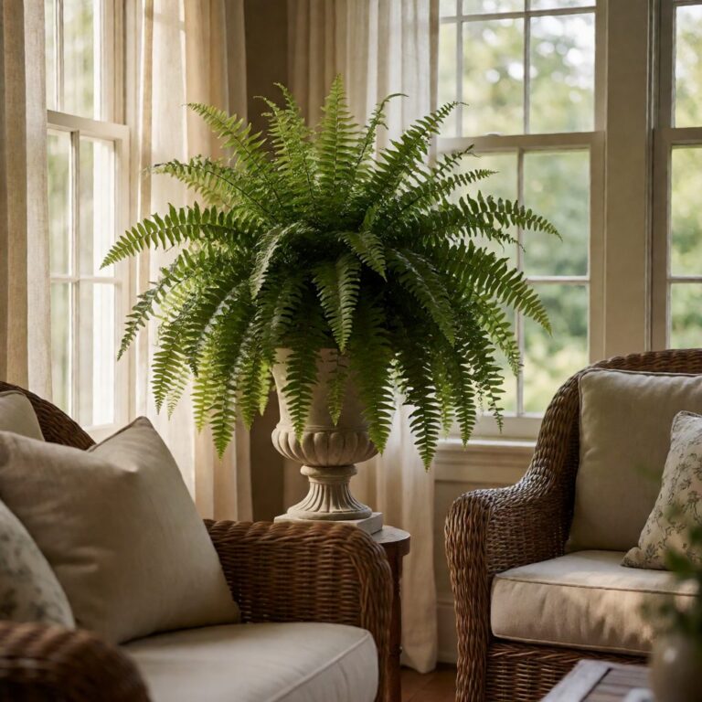Silk Boston Fern Plant in Urn - styled in a sunroom, styled lifestyle scene