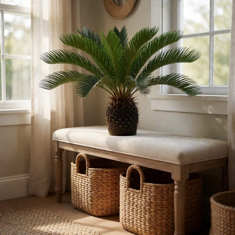 Silk Cycas Plant - styled by an entryway bench, styled lifestyle scene