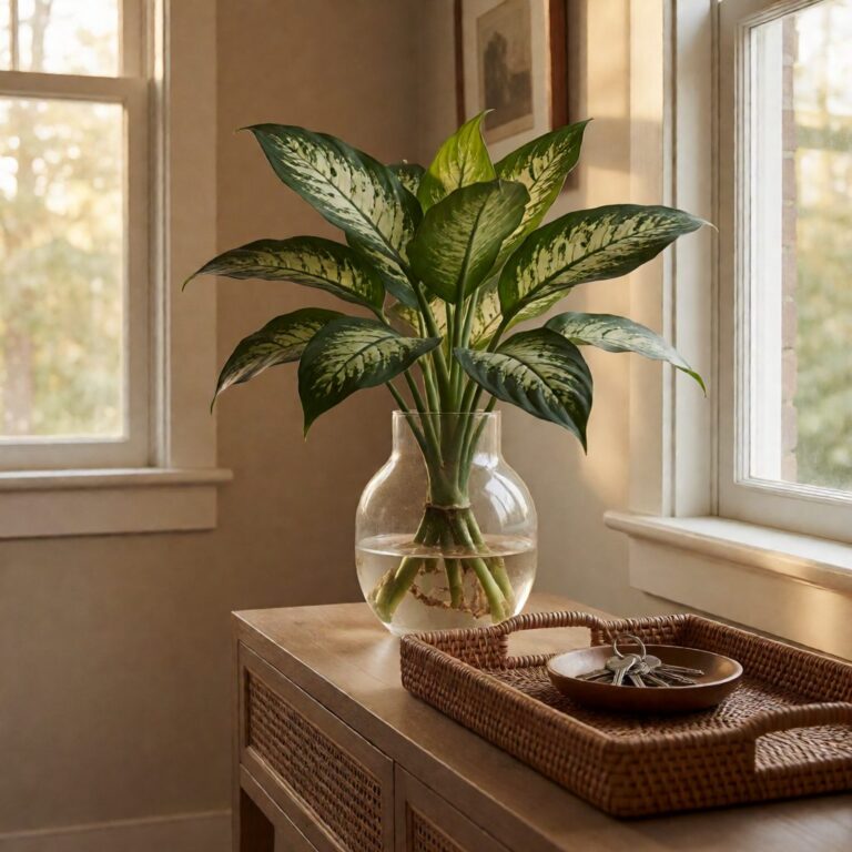 Silk Dieffenbachia Plant in Glass Vase - styled on an entryway console table, styled lifestyle scene