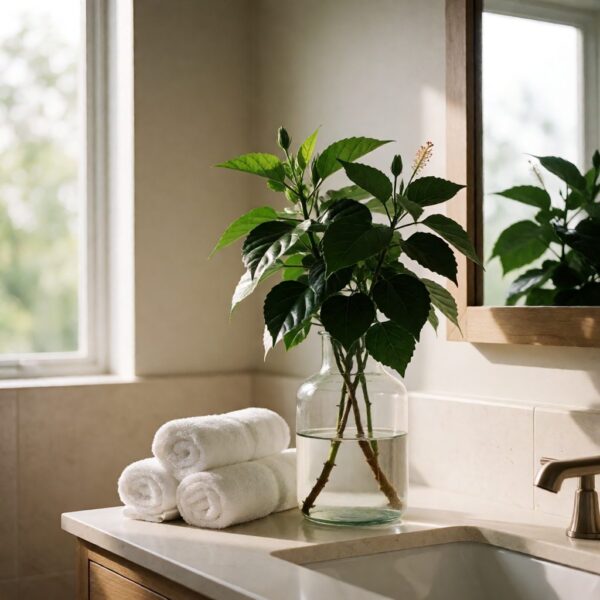 Silk Hibiscus Plant in Glass Vase - styled on a bathroom vanity, styled lifestyle scene