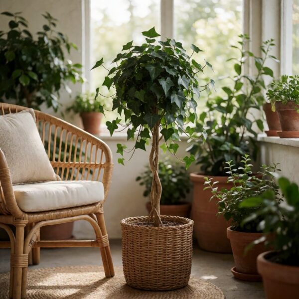 Silk Ivy Plant in Basket - styled on a covered patio, styled lifestyle scene
