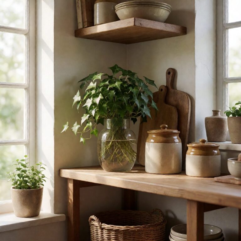 Silk Ivy Plant in Glass Vase - styled on a kitchen shelf, styled lifestyle scene