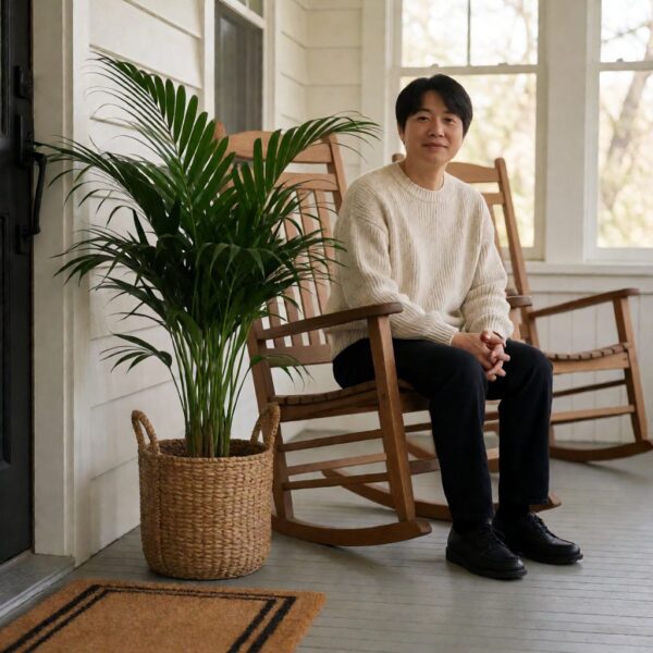 Silk Palm Plant in Basket - styled on a covered front porch, styled lifestyle scene