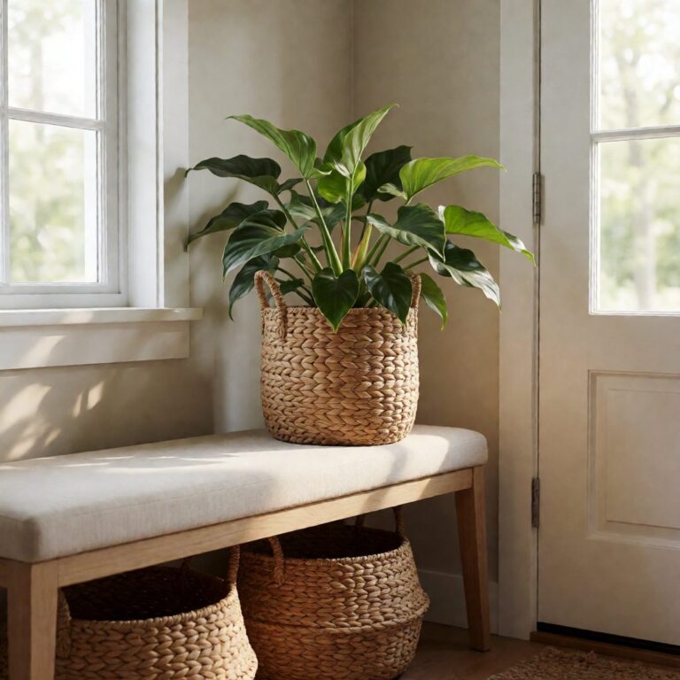 Silk Philodendron Plant in Basket - styled by an entryway bench, styled lifestyle scene
