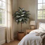 Silk Plant in Basket - Silver - styled in a bedroom corner, styled lifestyle scene