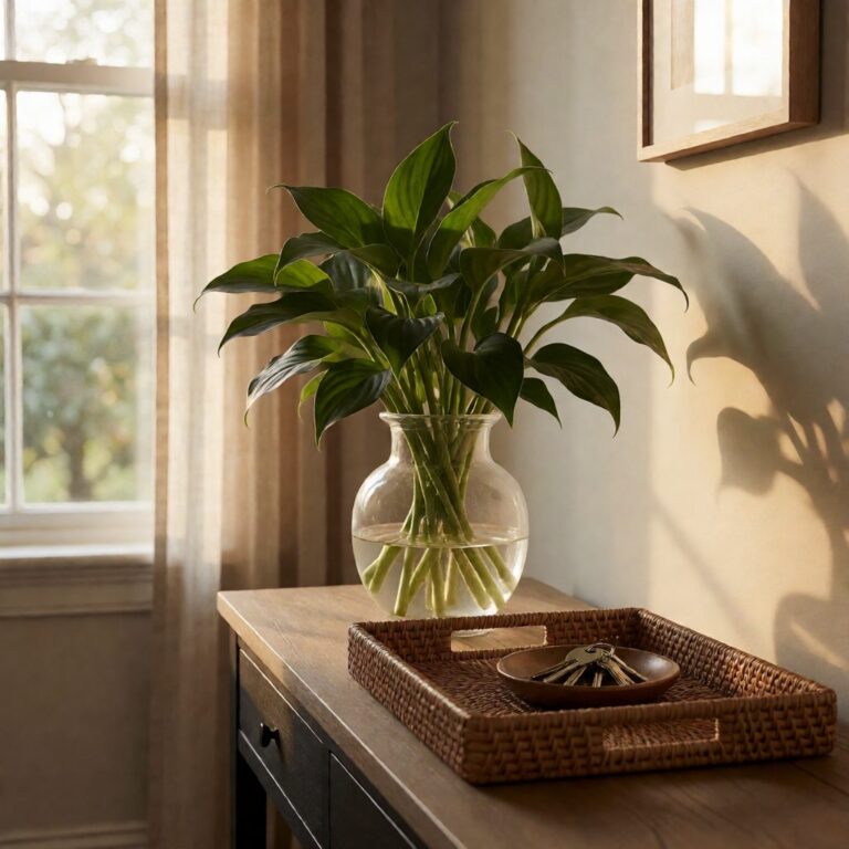 Silk Plant in Glass Vase - styled on an entryway console table, styled lifestyle scene