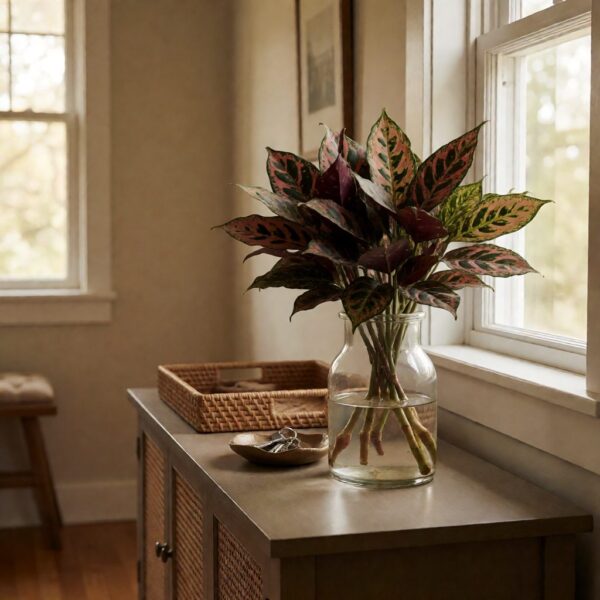 Silk Plant in Glass Vase - Multicolor 2 - styled on an entryway console table, styled lifestyle scene