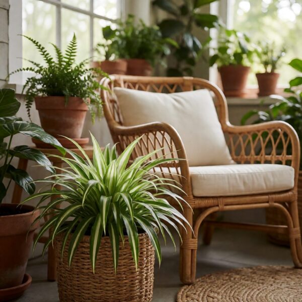 Silk Spider Plant in Basket - styled on a covered patio, styled lifestyle scene