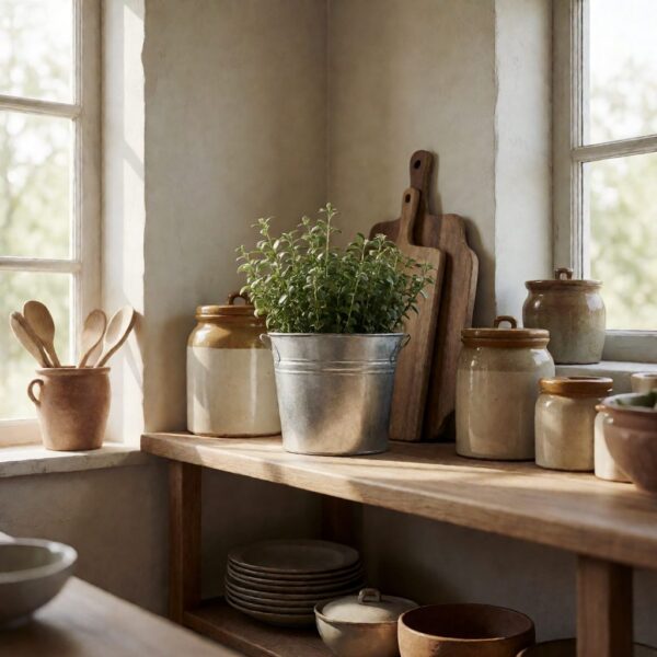 Silver Metal Planter - styled on a kitchen shelf, styled lifestyle scene