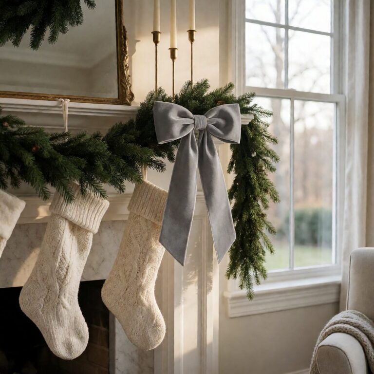 Silver Velvet Bow - styled on a fireplace garland, styled lifestyle scene
