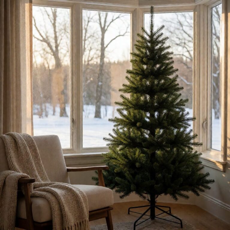 Sonoma Slim Artificial Christmas Tree - styled beside a bay window with snow outside, styled lifestyle scene