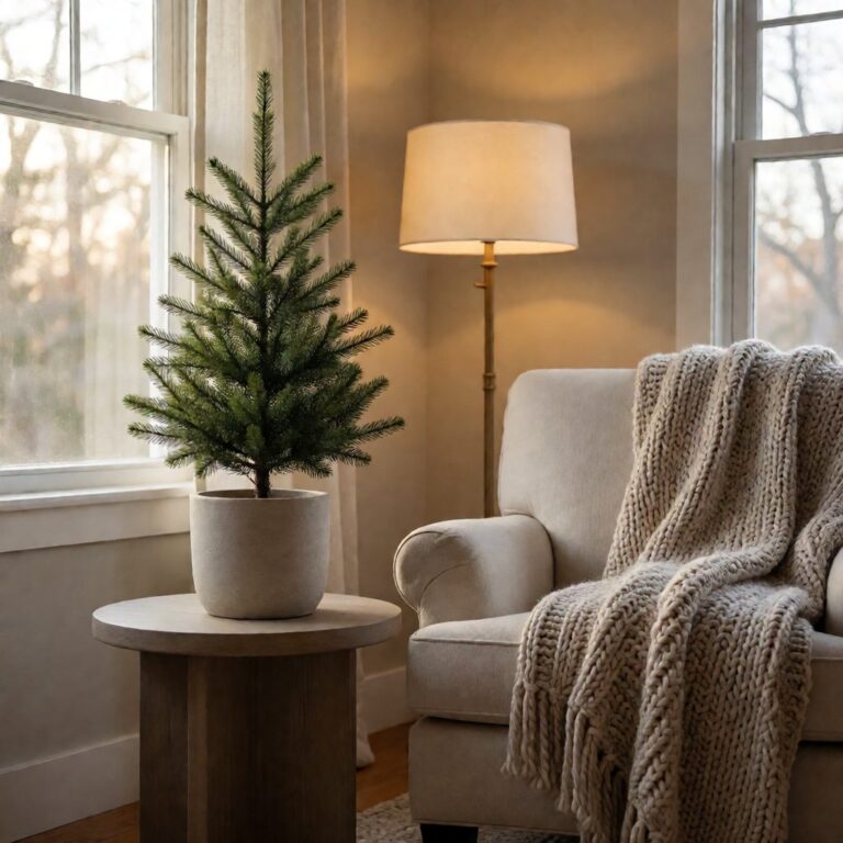 Sonoma Slim Potted Pencil Artificial Christmas Tree - styled on a side table beside an armchair, styled lifestyle scene