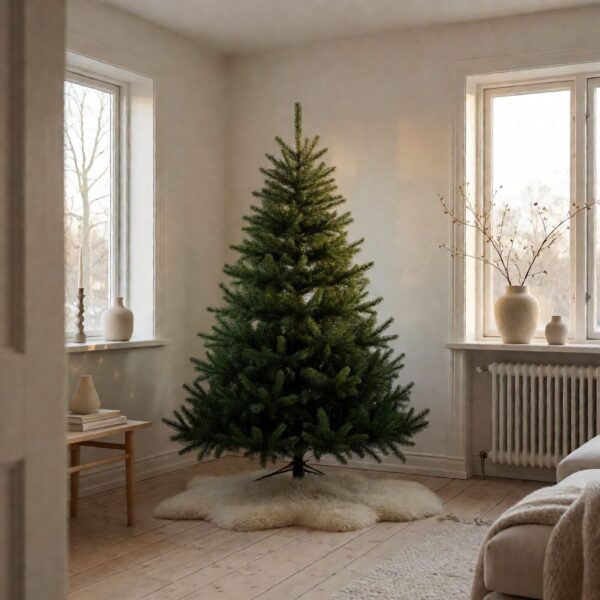 Stratford Spruce Artificial Christmas Tree - styled in a Scandinavian-style living room, styled lifestyle scene
