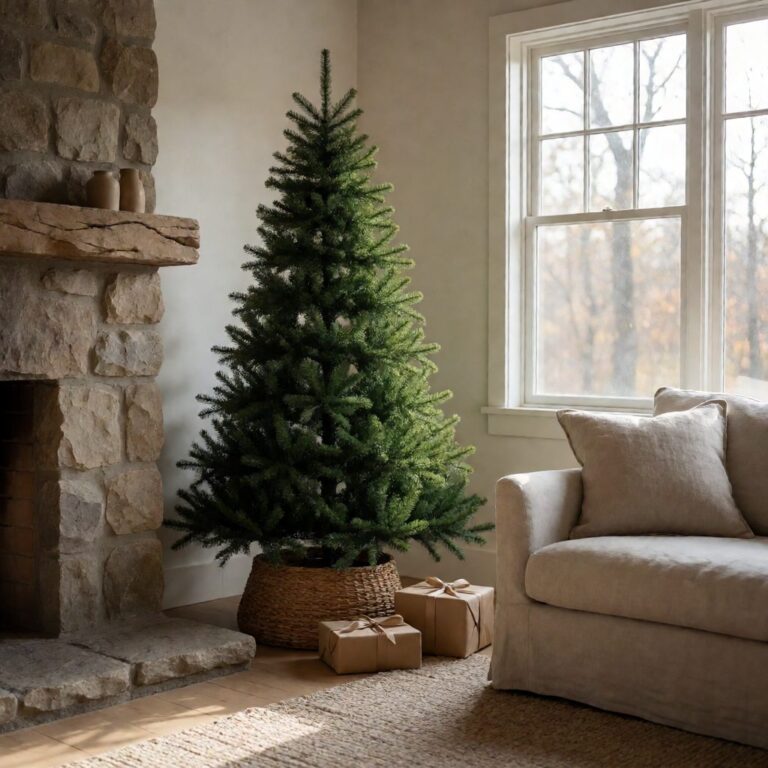 Stratton Valley Spruce Artificial Christmas Tree - styled in a living room corner beside a fireplace, styled lifestyle scene