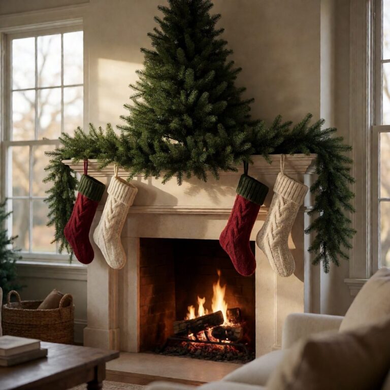 Sugarlands Spruce Wide Artificial Christmas Tree - styled on a fireplace mantel, styled lifestyle scene
