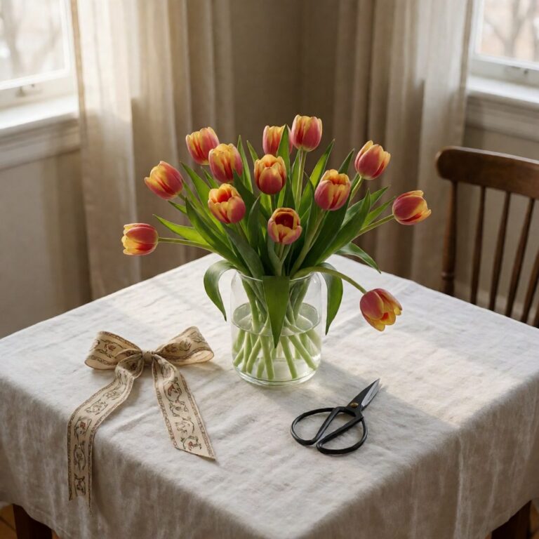 Tulip Real Touch Arrangement in Glass Vase - Green - styled as a flat lay on linen, styled lifestyle scene