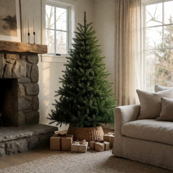 Vancouver Spruce Artificial Christmas Tree - styled in a living room corner beside a fireplace, styled lifestyle scene
