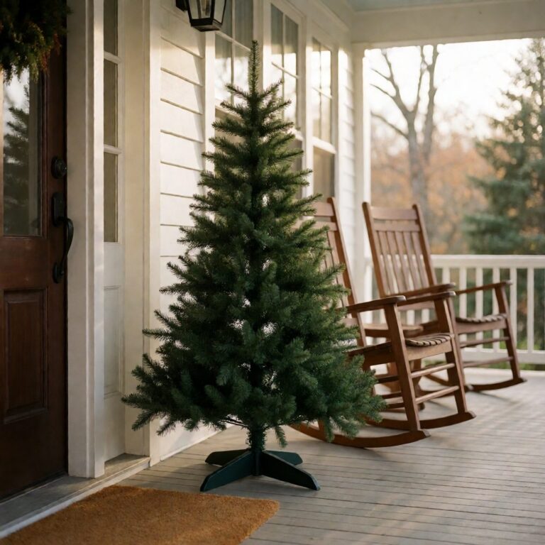 Vermont White Spruce Artificial Christmas Tree - styled on a covered front porch, styled lifestyle scene