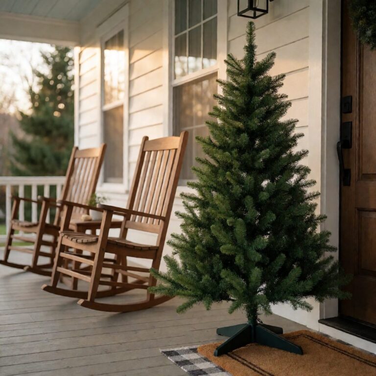 Vermont White Spruce Artificial Christmas Tree - Recycled Tips - styled on a covered front porch, styled lifestyle scene