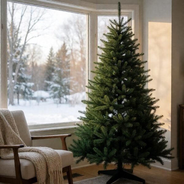 Vermont White Spruce Flip-Style Artificial Christmas Tree - styled beside a bay window with snow outside, styled lifestyle scene