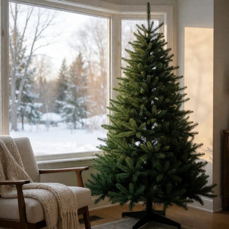 Vermont White Spruce Flip-Style Artificial Christmas Tree - styled beside a bay window with snow outside, styled lifestyle scene