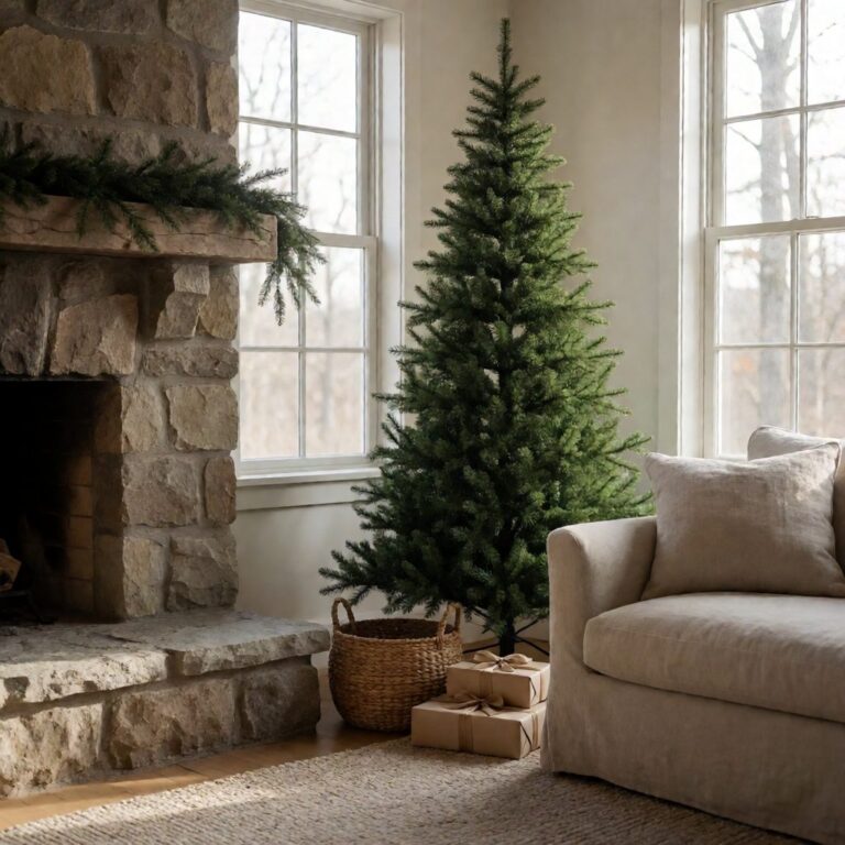 Vermont White Spruce Narrow Artificial Christmas Tree - styled in a living room corner beside a fireplace, styled lifestyle scene