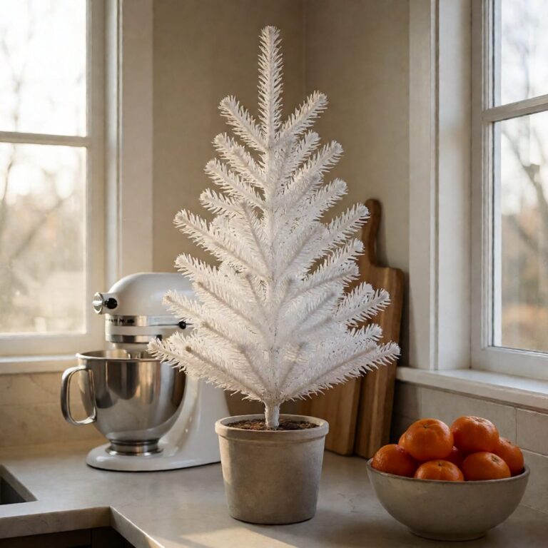 White Berry Cypress Potted Artificial Christmas Tree - styled on a kitchen counter, styled lifestyle scene