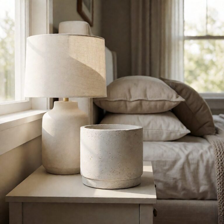White Cement Planter - styled on a bedside table, styled lifestyle scene