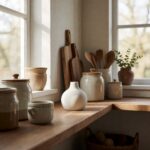 White Ceramic Matte Vase - Mini - styled on a kitchen shelf, styled lifestyle scene