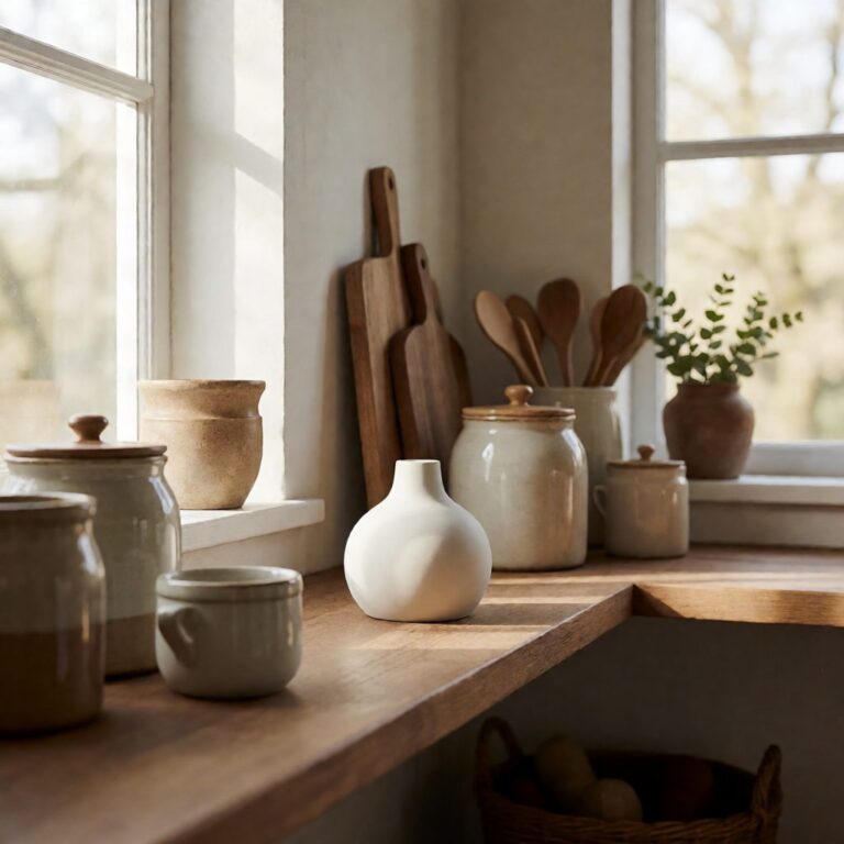 White Ceramic Matte Vase - Mini - styled on a kitchen shelf, styled lifestyle scene