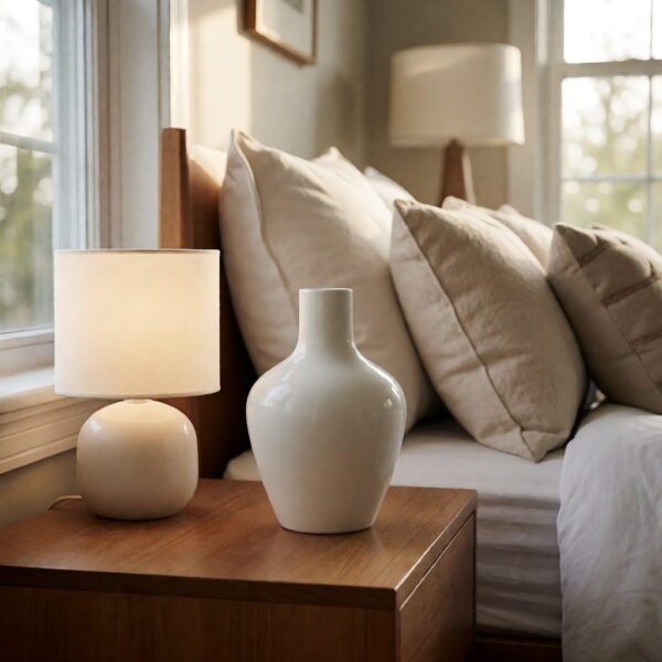 White Ceramic Modern Vase - styled on a bedside table, styled lifestyle scene