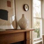 White Ceramic Modern Vase - Glossy White - styled on a fireplace mantel, styled lifestyle scene
