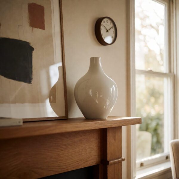 White Ceramic Modern Vase - Glossy White - styled on a fireplace mantel, styled lifestyle scene