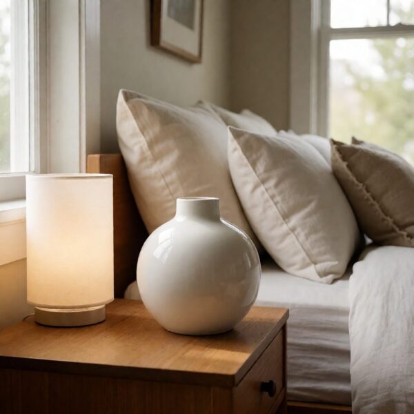 White Ceramic Round Vase - styled on a bedside table, styled lifestyle scene