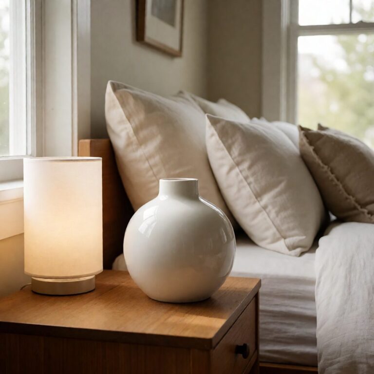 White Ceramic Round Vase - styled on a bedside table, styled lifestyle scene