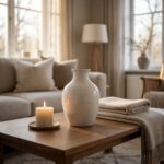 White Ceramic Vase - White - styled on a coffee table, styled lifestyle scene