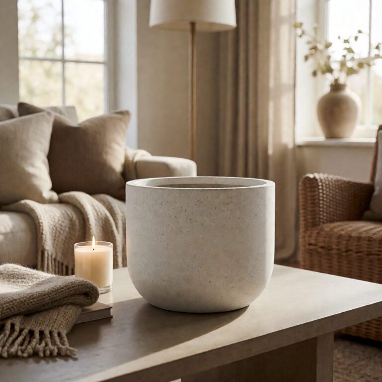 White Concrete Planter - Large - styled on a coffee table, styled lifestyle scene