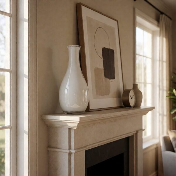 White Glass Modern Vase - Tall - styled on a fireplace mantel, styled lifestyle scene