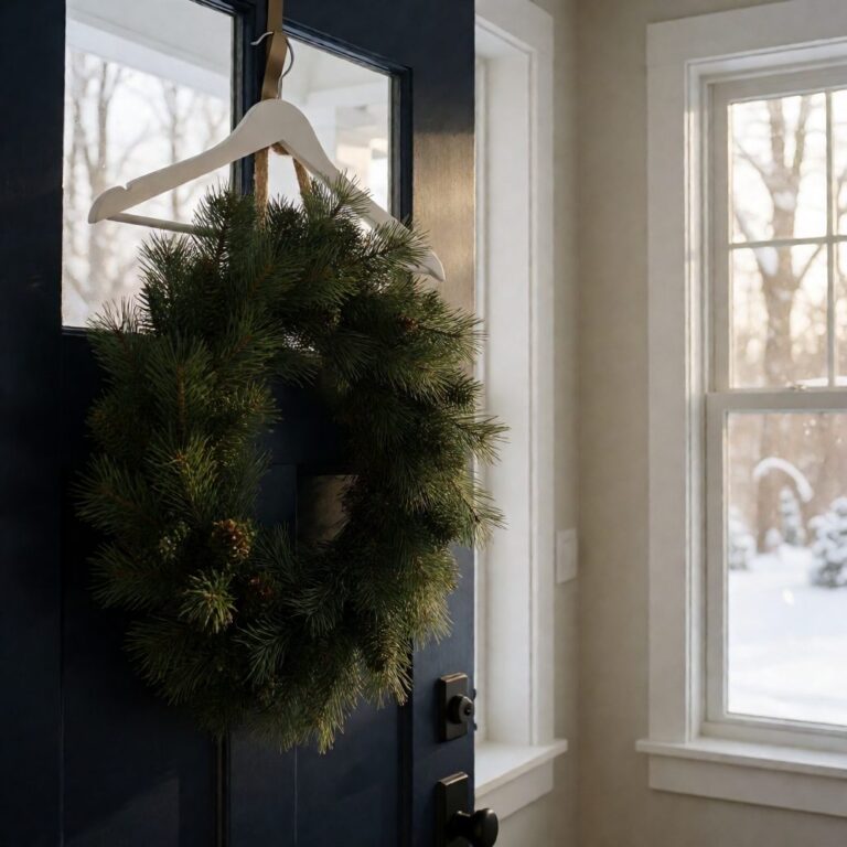White Hanger - in use hanging a wreath on a front door, styled lifestyle scene