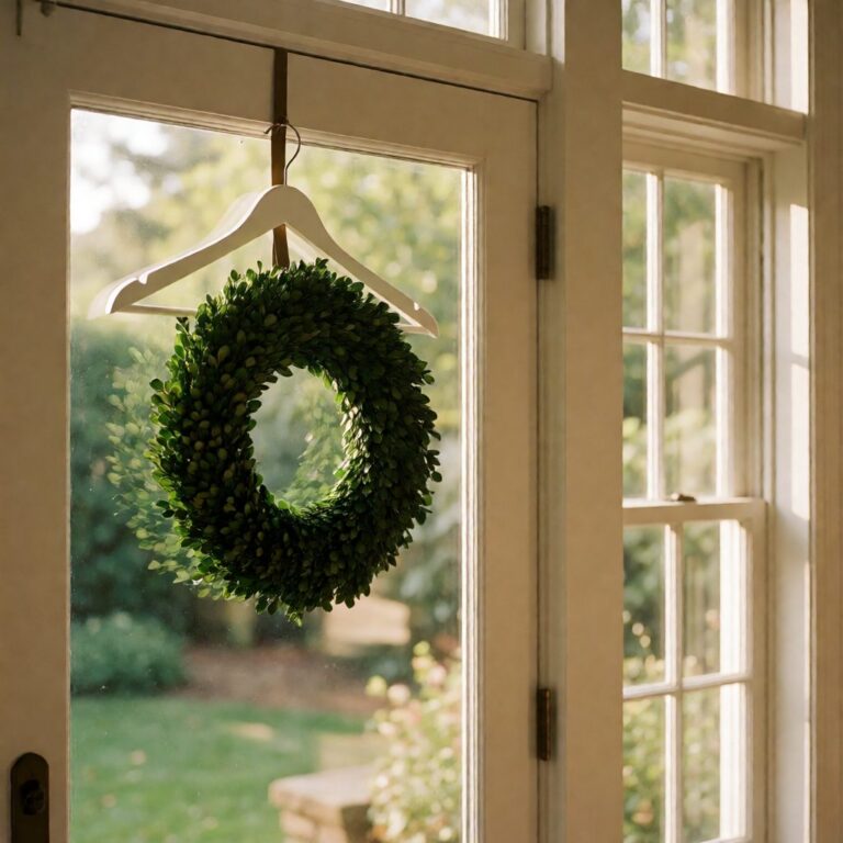 White Hanger - on a glass patio door, styled lifestyle scene