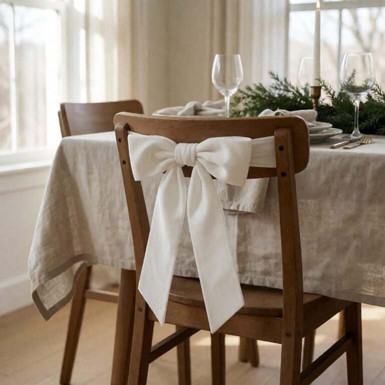 White Velvet Bow - styled on a dining chair, styled lifestyle scene