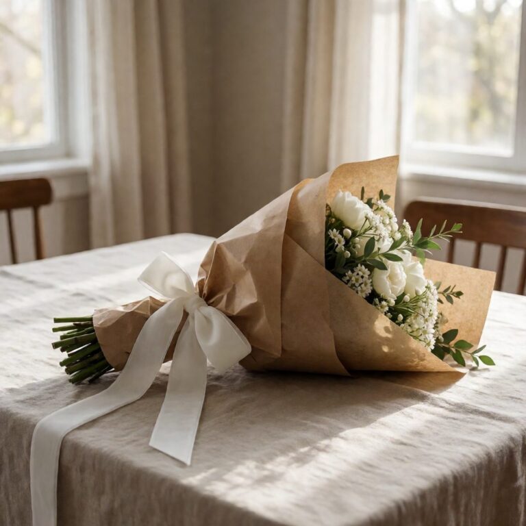 White Velvet Ribbon - 10Yd - styled wrapped around a bouquet, styled lifestyle scene